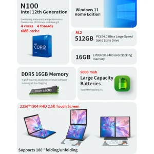 BYONE BY135 Dual Screen Laptop Intel N100 DDR5 16G RAM M.2 SSD 13.5 Inch 2.5K Touch Screen Notebook 9000Mah Computer PC Office